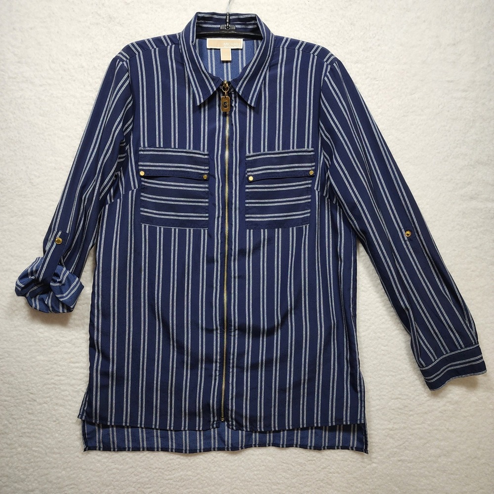 Michael Michael Kors Womens Navy Striped Zip Front Roll Tab Sleeve Blouse Medium